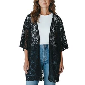 Umgee Elegant Black Lace Cotton Blend Overlay Kimono 2X
